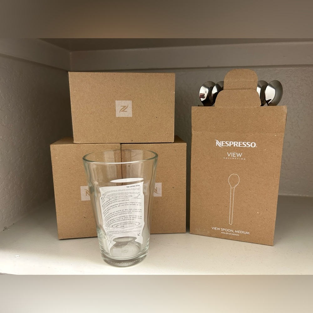 Set of three Nespresso recipe glasses with six medium view spoons!